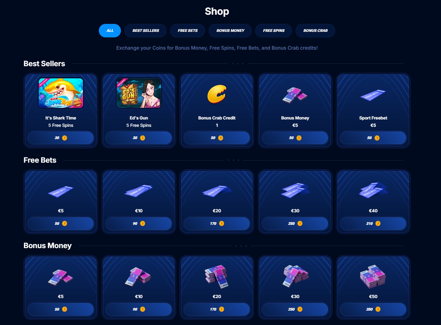 Screenshot des Boomerang Bet Bonus Shops, der verschiedene Prämien wie Freispiele und Bonusgeld anzeigt